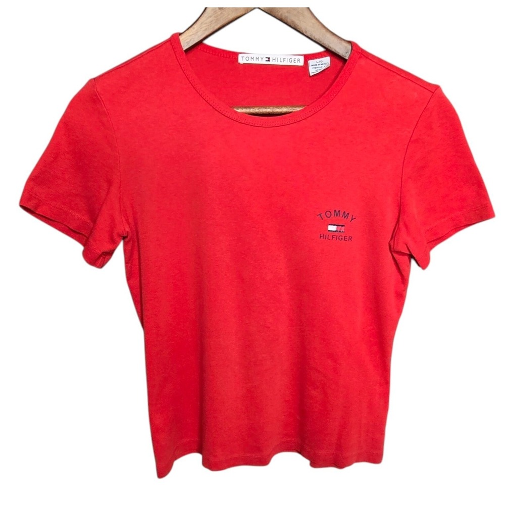 Tommy Hilfiger T-Shirt Womens L Red Logo Short Sleeve Crew Neck‎ Y2K Casual Tee